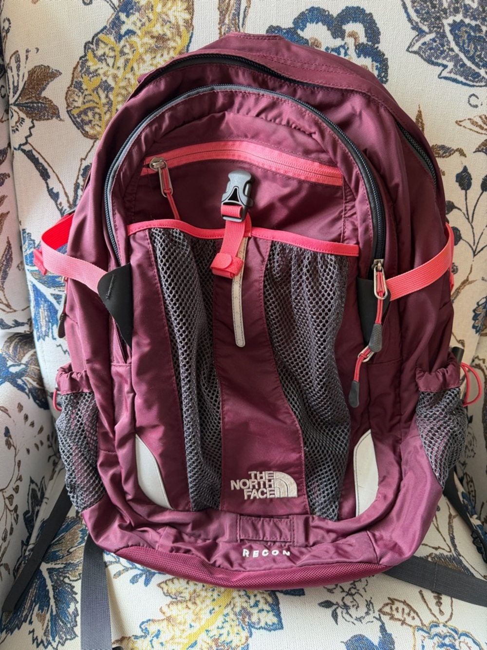 The North Face Burgundy Backpack with Pink Accents